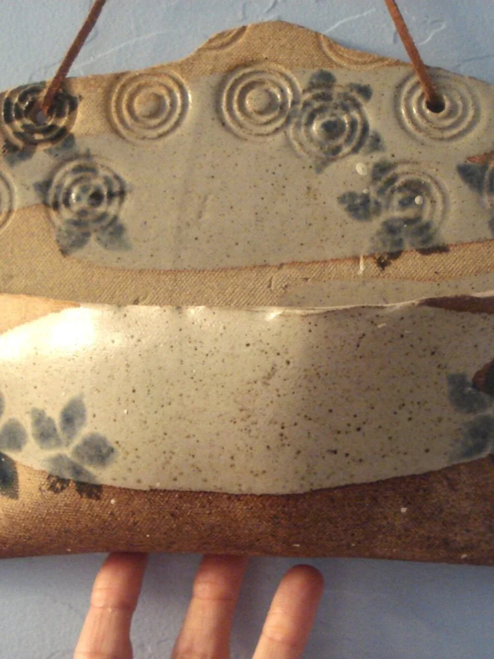 Vintage, Stoneware, Cobalt Blue Flowers, Wall Pocket